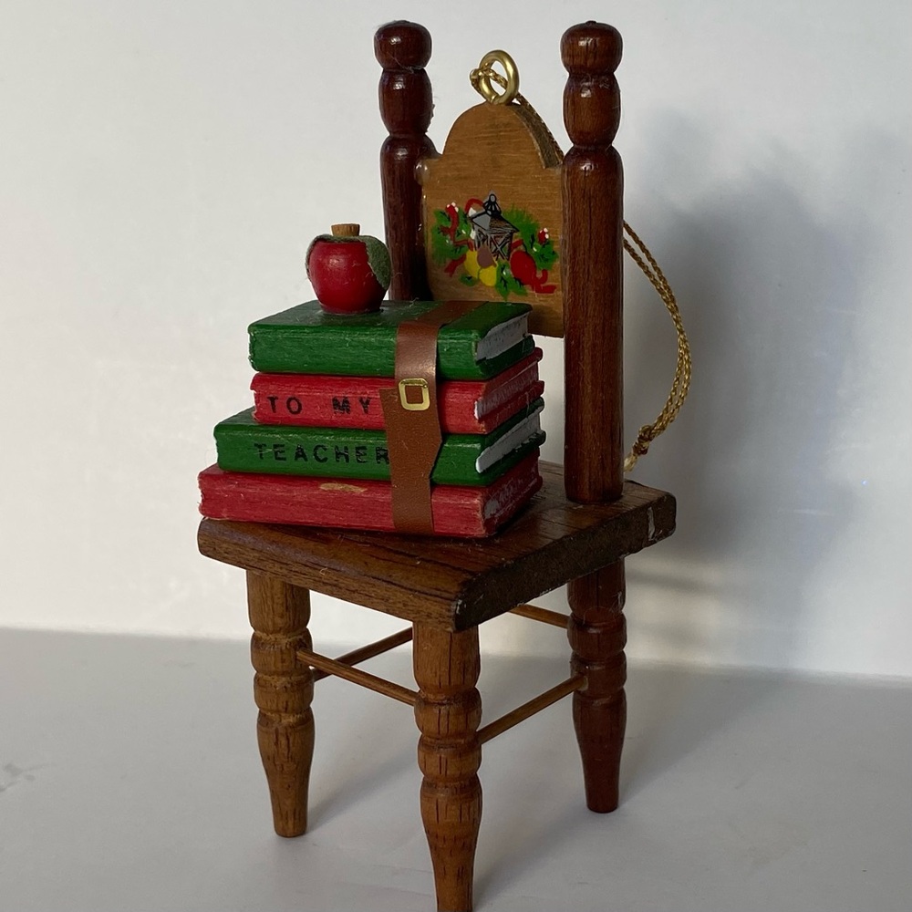 Vintage Teacher Ornament Christmas Wooden Chair Books Apple House Of Lloyd EUC